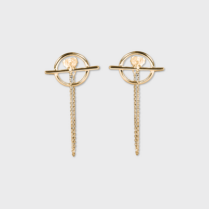 Boucles d'oreilles en forme de planète avec une chaine pendante en plaqué or 